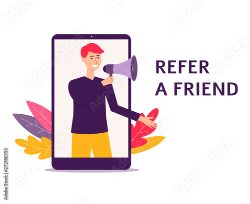 Man with a loudspeaker the recommendation to refer a friend vector illustration.