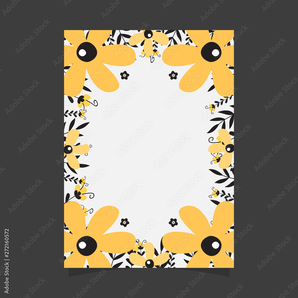 Fototapeta premium Common size of floral greeting card and invitation template for wedding or birthday anniversary, Vector shape of text box label and frame, Yellow flowers wreath ivy style with branch and leaves.