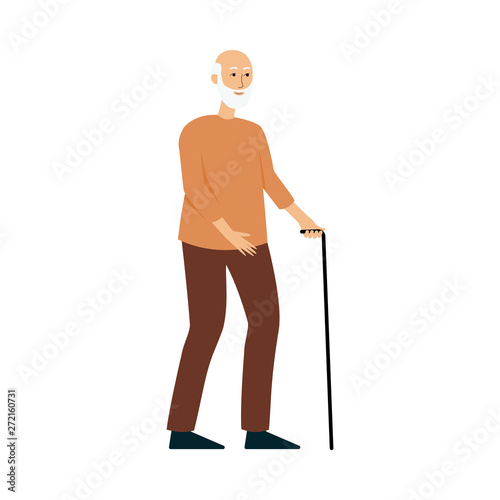 Old man standing with a cane, elderly male cartoon character smiling and walking