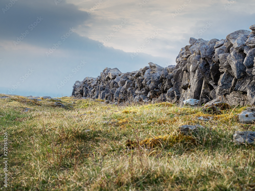 Dry stone fence in a field, Cloudy sky, Summer day. Burren, Ireland.