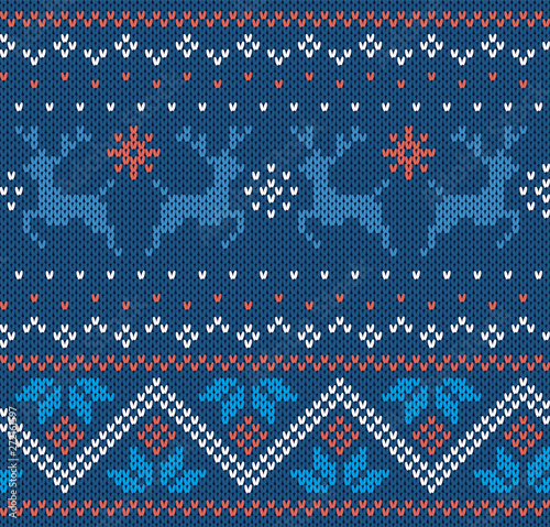 Christmas knit geometric ornament with moose in blue colors. Knitted textured background.