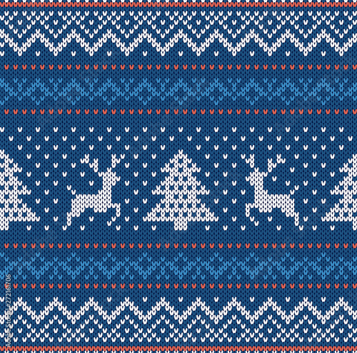 Christmas knit geometric ornament with elks and christmas trees in a row. Knitted textured background. Knitted seamless pattern
