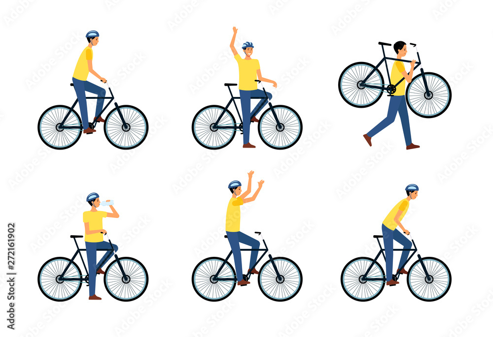 Naklejka premium Set of man riding or sitting on bicycle or standing near it flat cartoon style