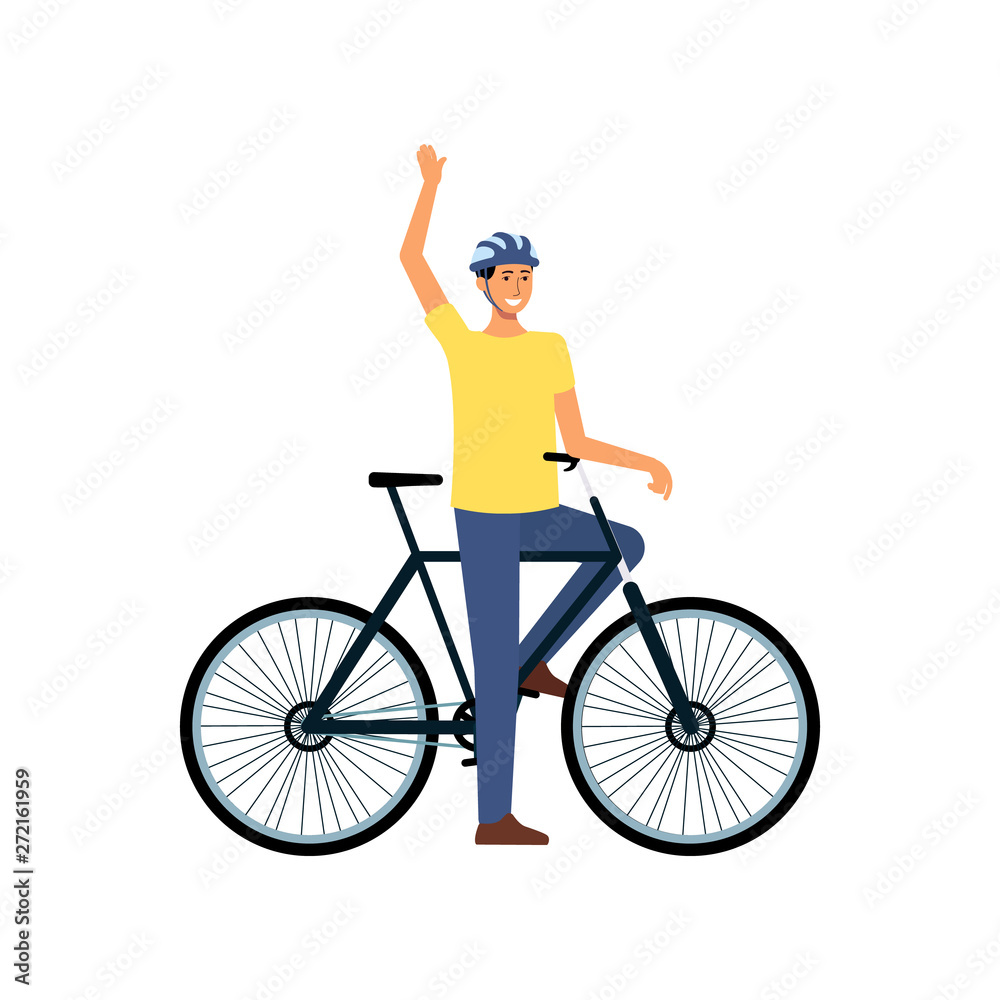Cartoon man with bicycle standing and waving, happy male cyclist with helmet stopped on bike ride to greet someone. Cartoon man with bicycle standing and waving, happy male cyclist with helmet stopped on bike ride to greet someone.