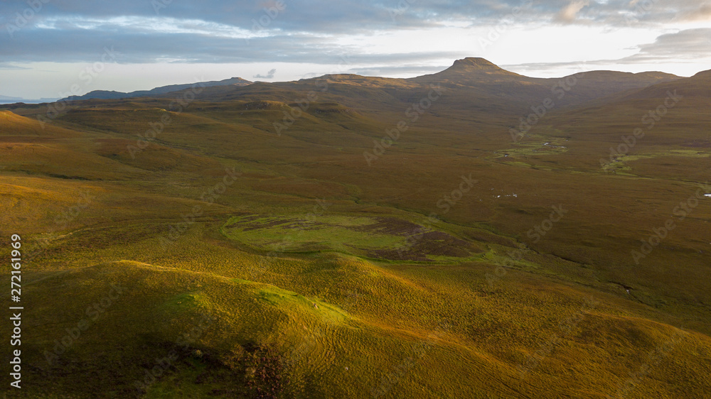 Aerial view of the astonishing highlands found in Isle of Skye, Scotland.