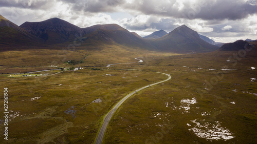 Aerial view of the astonishing highlands found in Isle of Skye, Scotland.