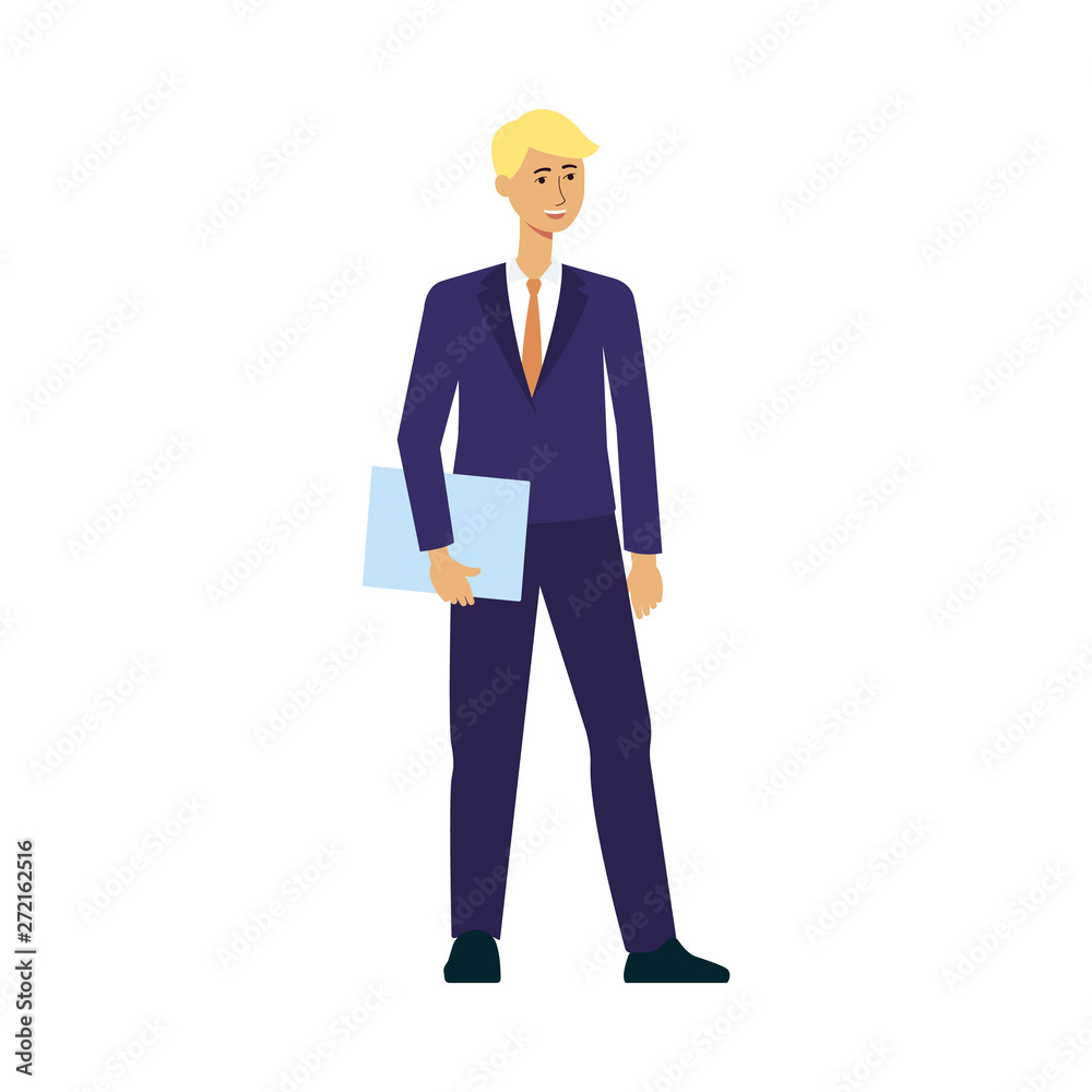 Happy male in suit stands holding folder with documents flat cartoon style