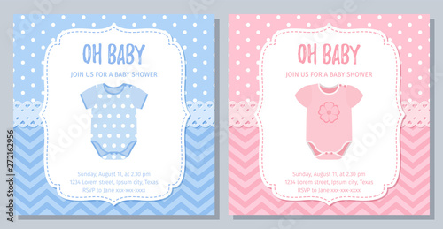 Baby Shower card. Vector. Baby boy, girl invite. Welcome template invitation banner. Cute blue pink design. Happy greeting holiday poster. Birth party background with onesie. Flat illustration.