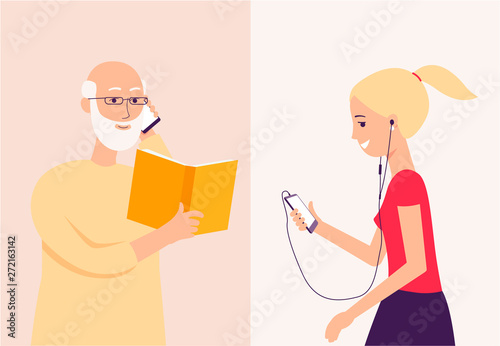 Old grandpa reading a book to his granddaughter through phone, happy senior elderly man with smartphone talking to smiling young girl