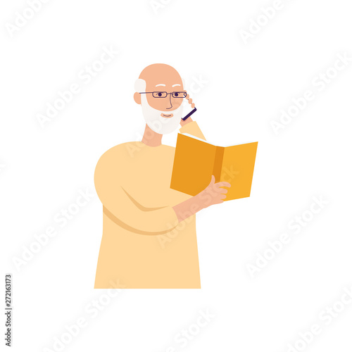 Grandpa reading a book and making a phone call. Happy cartoon old man with smartphone holding a paper novel and smiling