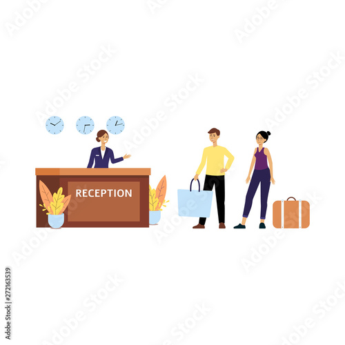 Receptionist welcomes guests at hotel lobby flat vector illustration isolated.
