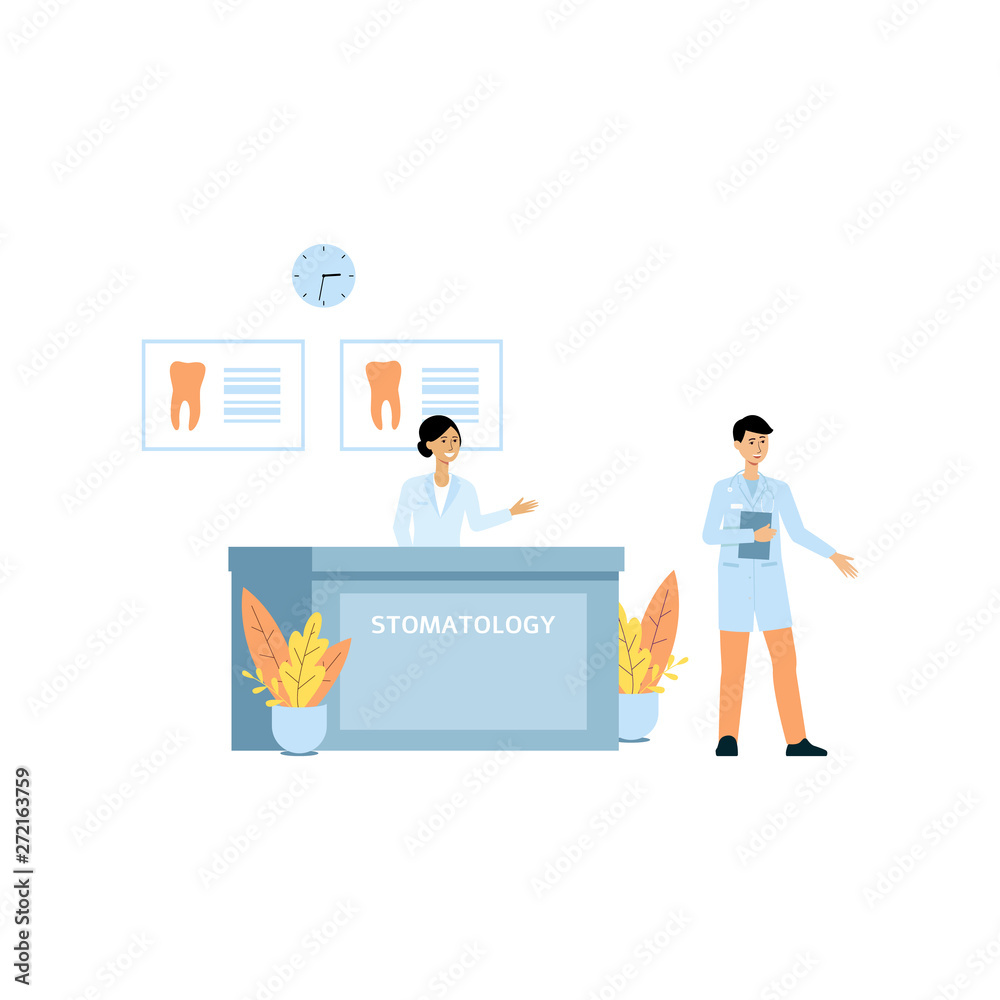 Receptionist and the doctor in the dental clinic flat vector illustration isolated. Receptionist and the doctor in the dental clinic flat vector illustration isolated.