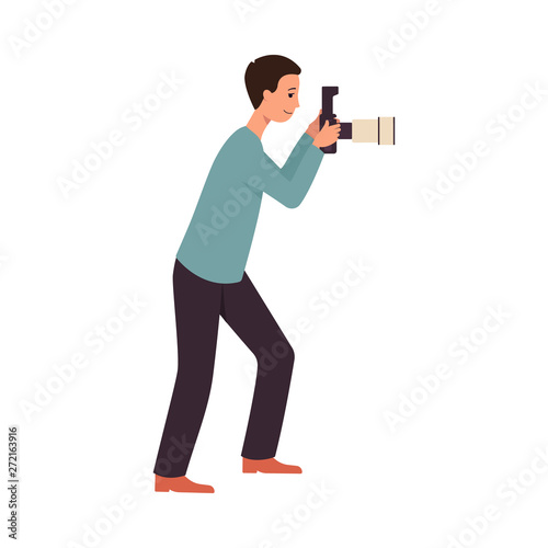 Side view man stand holding camera and taking photo picture flat cartoon style