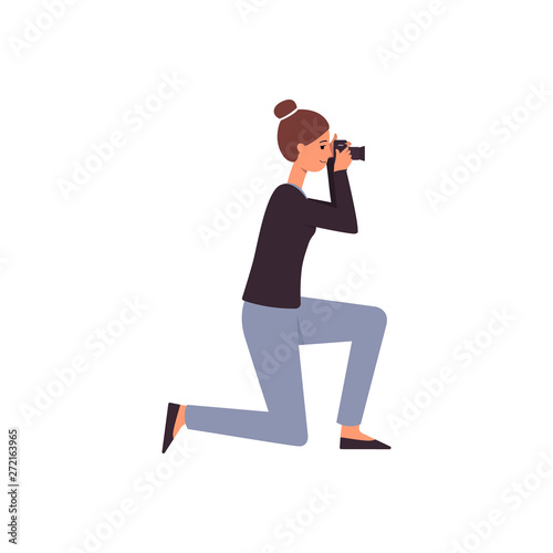 Woman the photographer with camera taking photo vector flat illustration isolated.