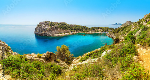 Place named Anthony Quinn Bay lagoon in Rhodes island, Greece. Panoramic sea paradise landscape photo
