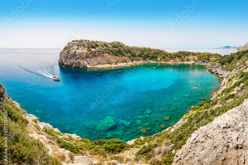 Place named Anthony Quinn Bay lagoon in Rhodes island, Greece. Panoramic sea paradise landscape