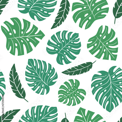 Exotic seamless colorful bright pattern with green tropical jungle leaves silhouettes on white background. Floral modern pattern for textile, manufacturing etc. Vector illustration