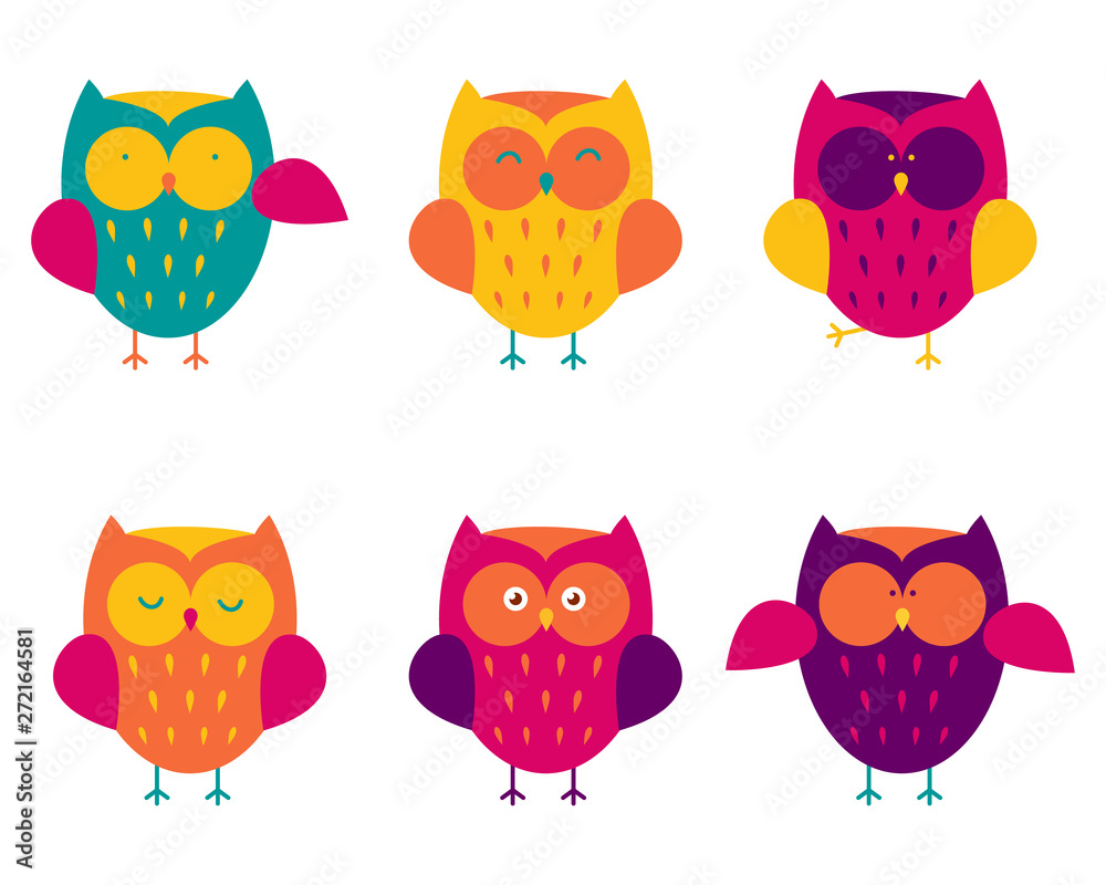 Cute simple owls set. Six woodland night predators isolated on white background. Simple icons in trendy bright colors. Flat vector illustration.