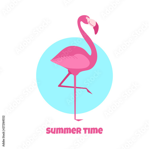 Cartoon poster with smiling pink flamingo with blue circle on background. Flat vector illustration.