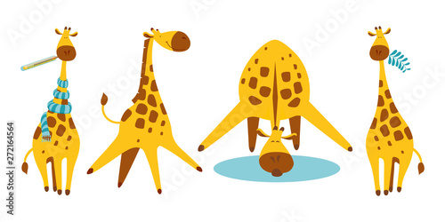 Set of cute and funny giraffes isolated on white background. Flat cartoon animals.
