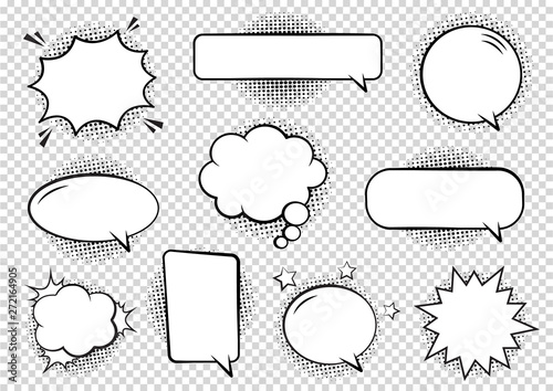 Retro empty comic bubbles and elements set with black halftone shadows on transparent background. Vector illustration, vintage design, pop art style.