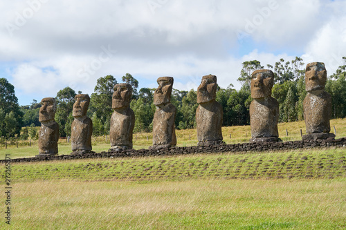 Seven moai of Ahu Akivi on Easter Island. Located in Valparaiso Region of Chile.
