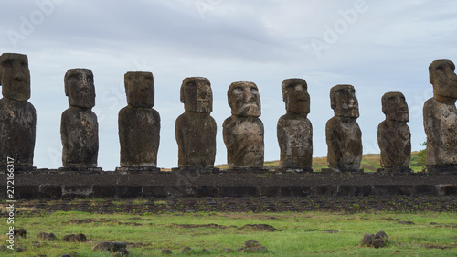 Gigantic moai of Ahu Tongariki on Easter Island in Chile. photo