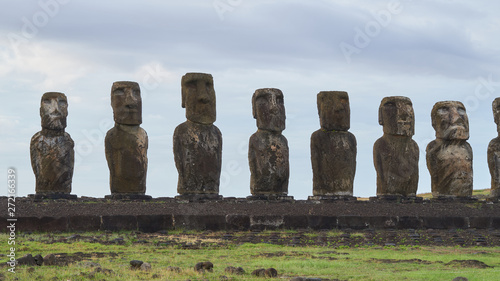 Gigantic moai of Ahu Tongariki on Easter Island in Chile.