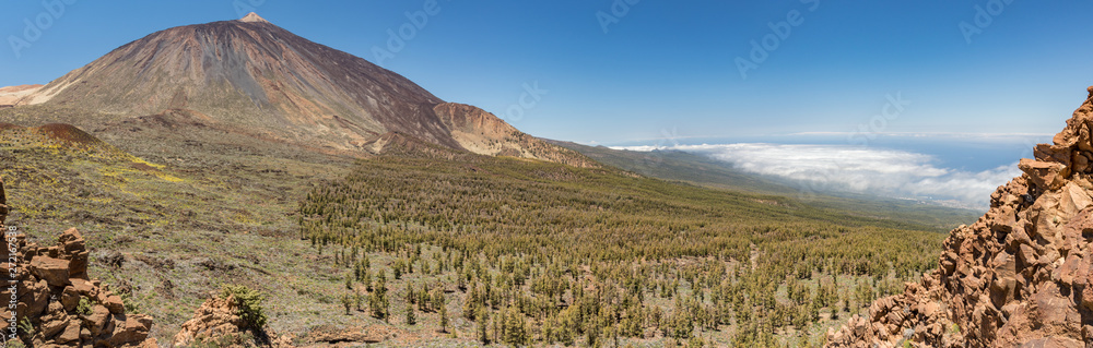 Mountains and pine tree forest near volcano Teide, partly covered by the clouds. Bright blue sky. Teide National Park, Tenerife, Canary Islands, Spain. 2000m altitude. Mountains and pine tree forest near volcano Teide, partly covered by the clouds. Bright blue sky. Teide National Park, Tenerife, Canary Islands, Spain. 2000m altitude.