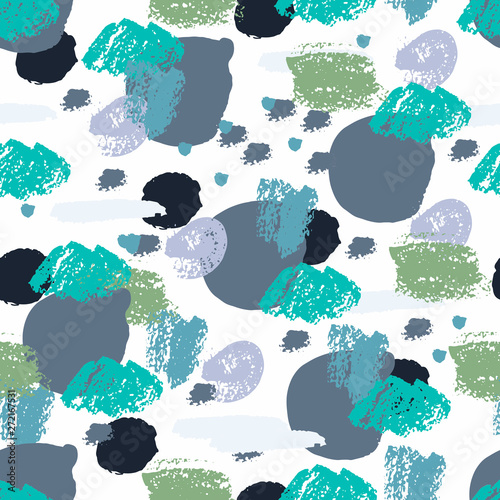 Colorful grunge seamless pattern with abstract hand drawn brush strokes and paint splashes, lines, circles, geometrical shapes. Messy infinity texture, modern grungy background. Vector illustration.