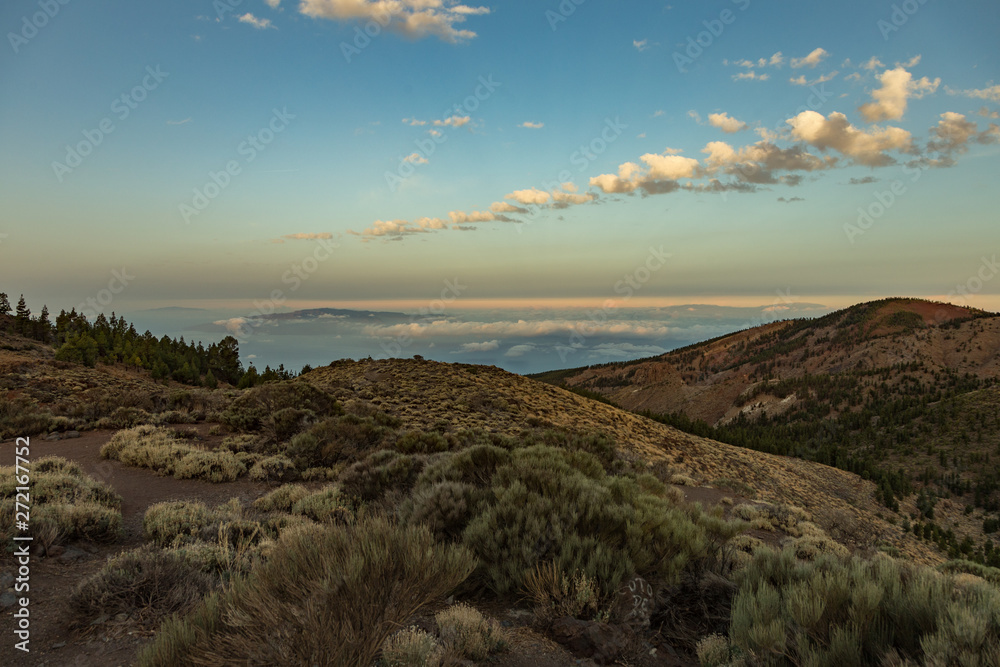 magical sunset above the clouds in the Tenerife mountains in Canary Islands