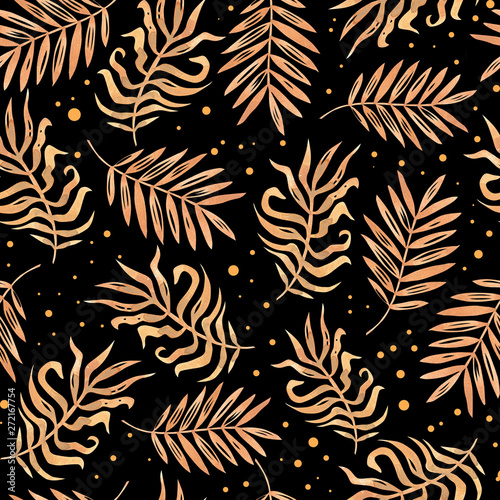 Watercolor tropical leaves seamless pattern. Watercolour and golden graphic Hand painted illustration for summer design. Water color exotic plants on black background.
