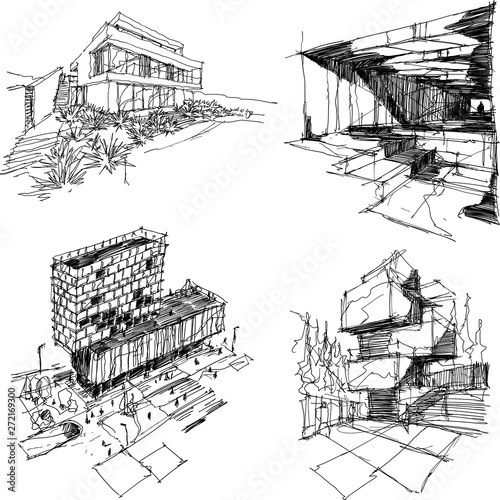 four hand drawn architectectural sketches of a modern abstract architecture with people around