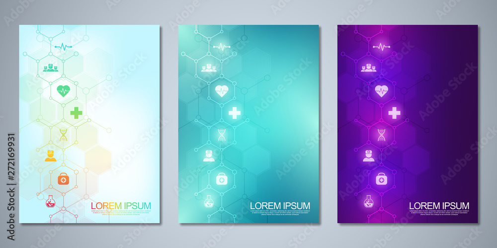 Template brochure or cover design, book, flyer, with medical icons and symbols. Healthcare, science and medicine technology concept.