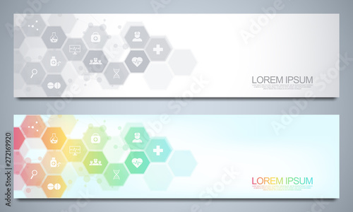 Banners design template for healthcare and medical decoration with flat icons and symbols. Science, medicine and innovation technology concept.