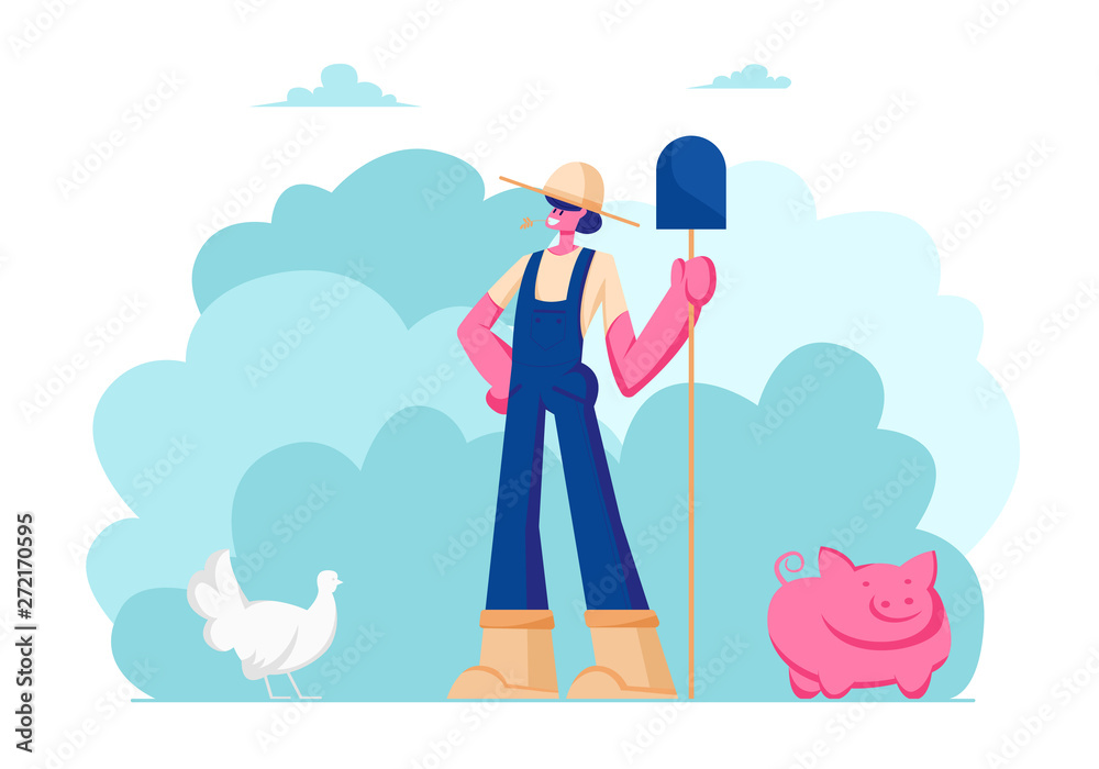 Farm Girl in Working Uniform and Hat Holding Shovel in Hand Farm Girl in Working Uniform and Hat Holding Shovel in Hand