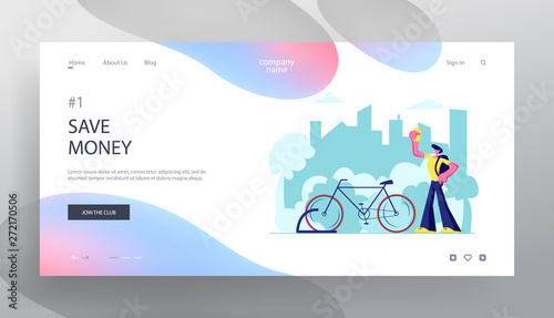 Man Using Smartphone App for Bike Rent Service Searching in Big City. Traveling Tourist, Citizen Sports Life, Eco Transport Website Landing Page, Web Page. Cartoon Flat Vector Illustration, Banner