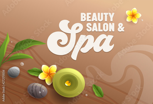 Beauty Salon Banner, Top View of Spa Attributes as Aroma Candle, Massage Stones, Eucalyptus Leaves and Frangipani Plumeria Flowers on Wooden Table Surface Background, Ad Poster Vector Illustration