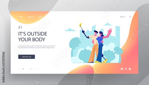 Disabled Man and Woman with Leg and Arm Prosthesis Making Selfie on Cityscape Background, Motivation and Bodypositive Concept Website Landing Page, Web Page. Cartoon Flat Vector Illustration, Banner