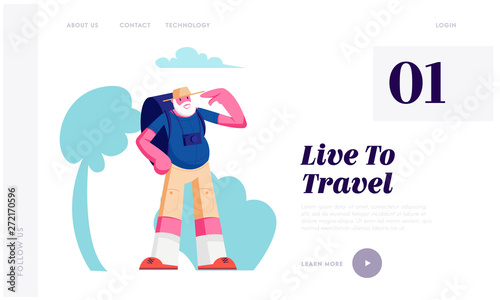 Senior Tourist with Backpack in City Trip, Elderly Traveling Man with Photo Camera Travel at Summer Time in Foreign Country Website Landing Page, Web Page. Cartoon Flat Vector Illustration, Banner