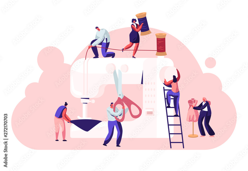 Fashion Design Concept, Dressmakers Create Outfit and Apparel on Sewing Machine, Assistant Working with Mannequin. Creative Atelier, Tailor Textile Craft Business. Cartoon Flat Vector Illustration