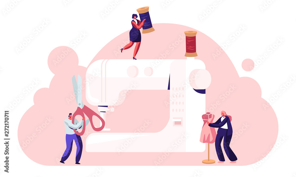 Dressmakers Create Outfit and Apparel on Sewing Machine, Fashion Design Concept, Assistant Working with Mannequin. Creative Atelier, Tailor Textile Craft Business. Cartoon Flat Vector Illustration
