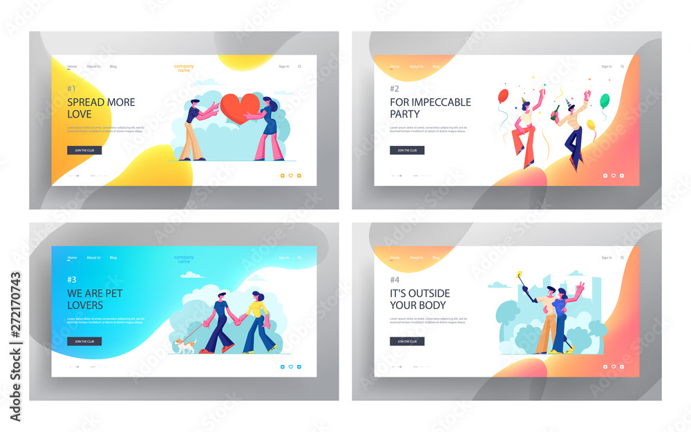 Male and Female Characters Dating, Loving Healthy and Disabled Couples Spending Time Together, Walking with Pet, Party, Website Landing Page Set, Web Page. Cartoon Flat Vector Illustration, Banner