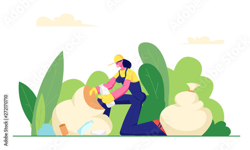 Volunteer Female Character Cleaning Garbage in City Park Area. Volunteering, Woman in Working Robe Collecting Trash to Sack, Charity Social Concept, Ecology Protection Cartoon Flat Vector Illustration