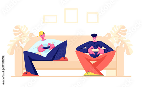 Couple of Teenagers Sitting on Sofa Playing Computer Games in Playstation Gaming Console. Leisure, Addiction, Spare Time, Virtual Reality. People Spending Free Time Cartoon Flat Vector Illustration
