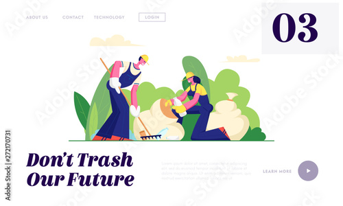 Ecology Protection, Volunteer People Cleaning Garbage in City Park. Volunteering, Men and Women Collect Trash to Sacks, Charity Website Landing Page, Web Page. Cartoon Flat Vector Illustration, Banner