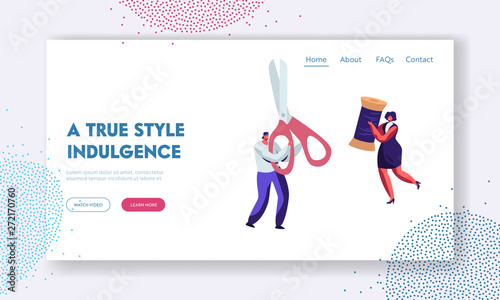 Sewing Workshop, Tailor or Dressmaker Profession Website Landing Page, Man with Scissors and Woman with Skein Thread, Textile Clothing Manufacturing Web Page. Cartoon Flat Vector Illustration, Banner