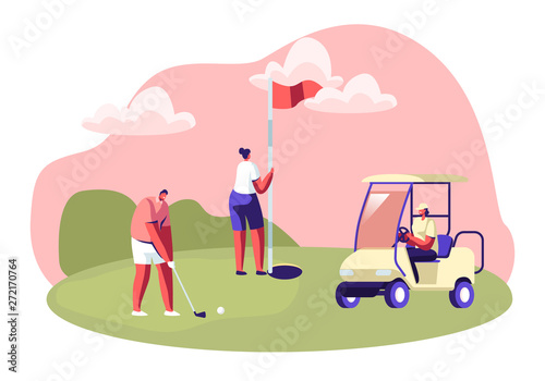 Golf Tournament, Young People Playing Sport Game on Course with Green Grass, Flagstick, Hole, Cart and Professional Equipment, Summer Spare Time, Luxury Recreation, Cartoon Flat Vector Illustration