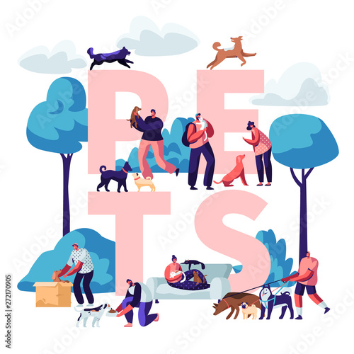 People and Pets Concept. Male and Female Characters Walking with Dogs and Cats Outdoors, Relaxing, Leisure, Love, Care of Animals Poster, Banner, Flyer, Brochure. Cartoon Flat Vector Illustration