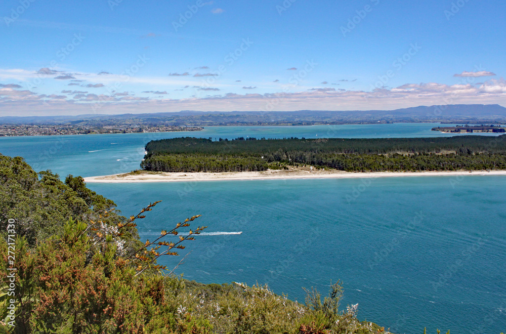 The turquoise sea that surrounds Mount Maunganui in North Island, New Zealand.